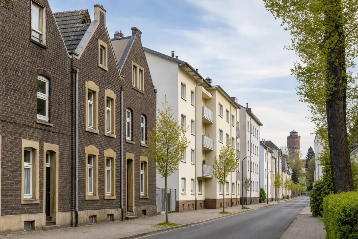 Wohnstraße in Mülheim an der Ruhr: die für die Stadt typische Bebauung, im Hintergrund über den Dächern ein Wahrzeichen der Stadt.