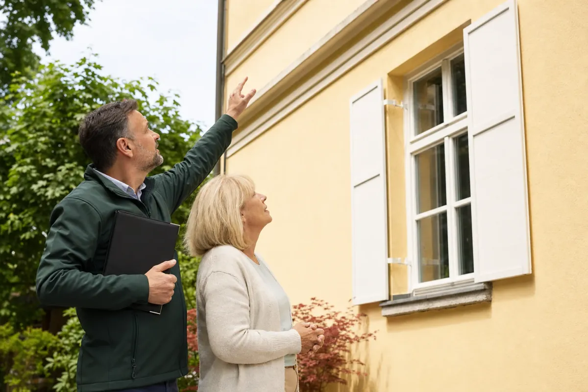 Ein Energieberater und eine Eigentümerin stehen vor einem für München typischen Wohnhaus und sehen zum Dachrand hinauf.