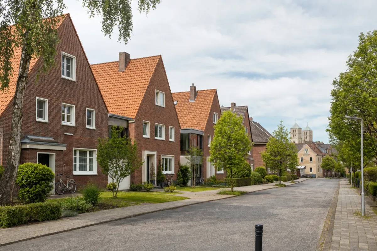 Wohnstraße in Münster: die für die Stadt typische Bebauung, im Hintergrund über den Dächern ein Wahrzeichen der Stadt.