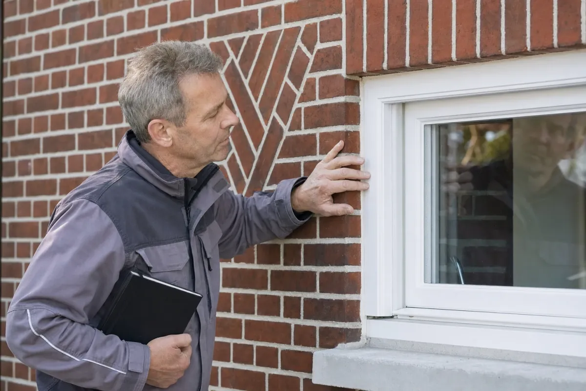 Ein Energieberater prüft von außen den Anschluss zwischen Fensterrahmen und Wand an einem für Neumünster typischen Wohnhaus.