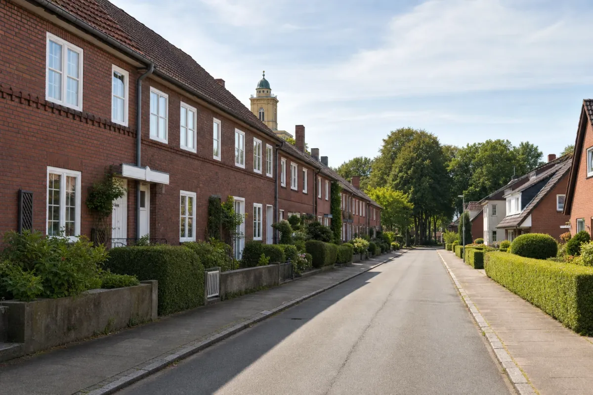 Wohnstraße in Neumünster: die für die Stadt typische Bebauung, im Hintergrund über den Dächern ein Wahrzeichen der Stadt.