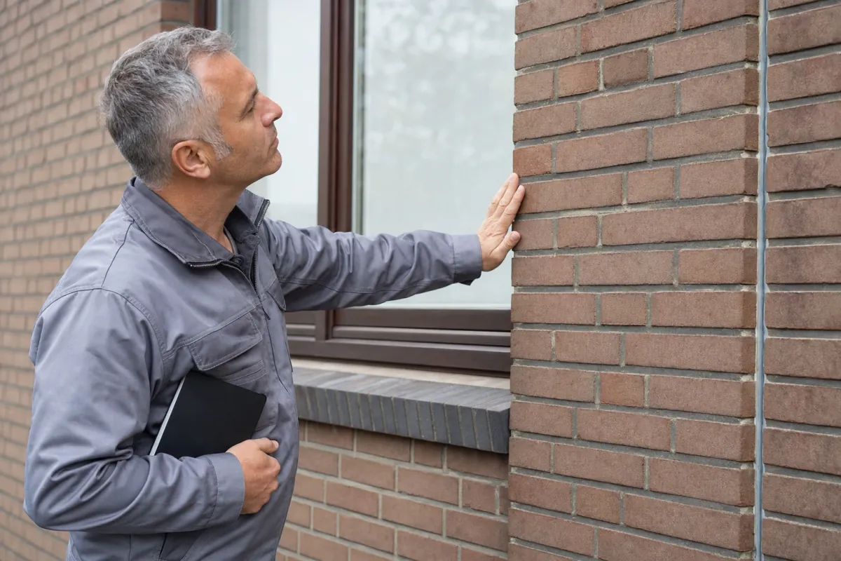 Ein Energieberater prüft von außen den Anschluss zwischen Fensterrahmen und Wand an einem für Neuss typischen Wohnhaus.