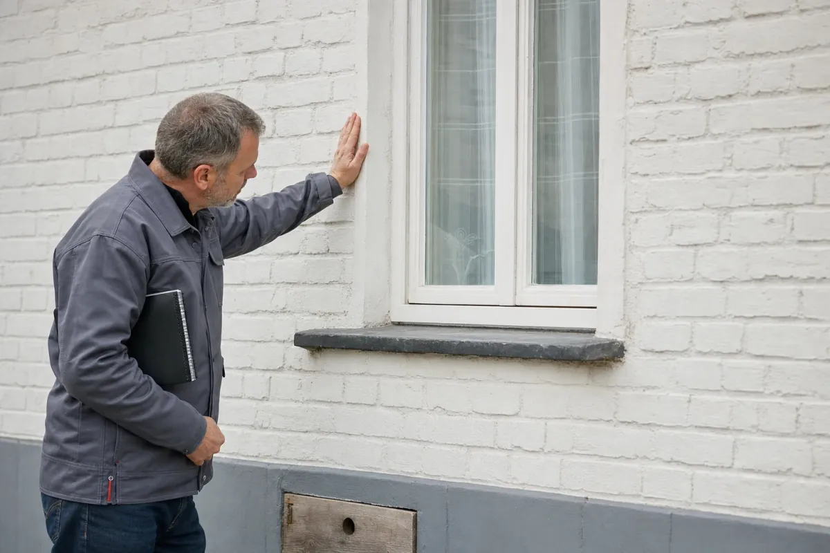Ein Energieberater prüft von außen den Anschluss zwischen Fensterrahmen und Wand an einem für Oberhausen typischen Wohnhaus.