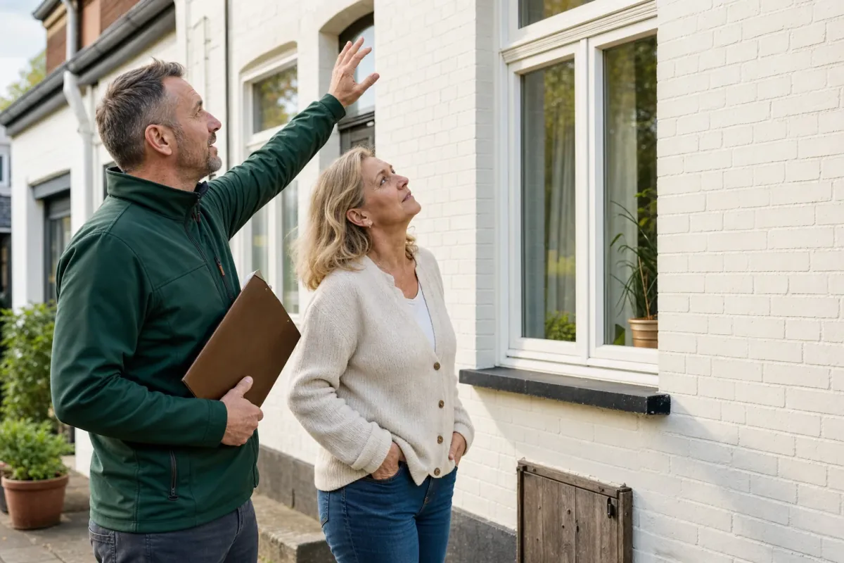 Ein Energieberater und eine Eigentümerin stehen vor einem für Oberhausen typischen Wohnhaus und sehen zum Dachrand hinauf.