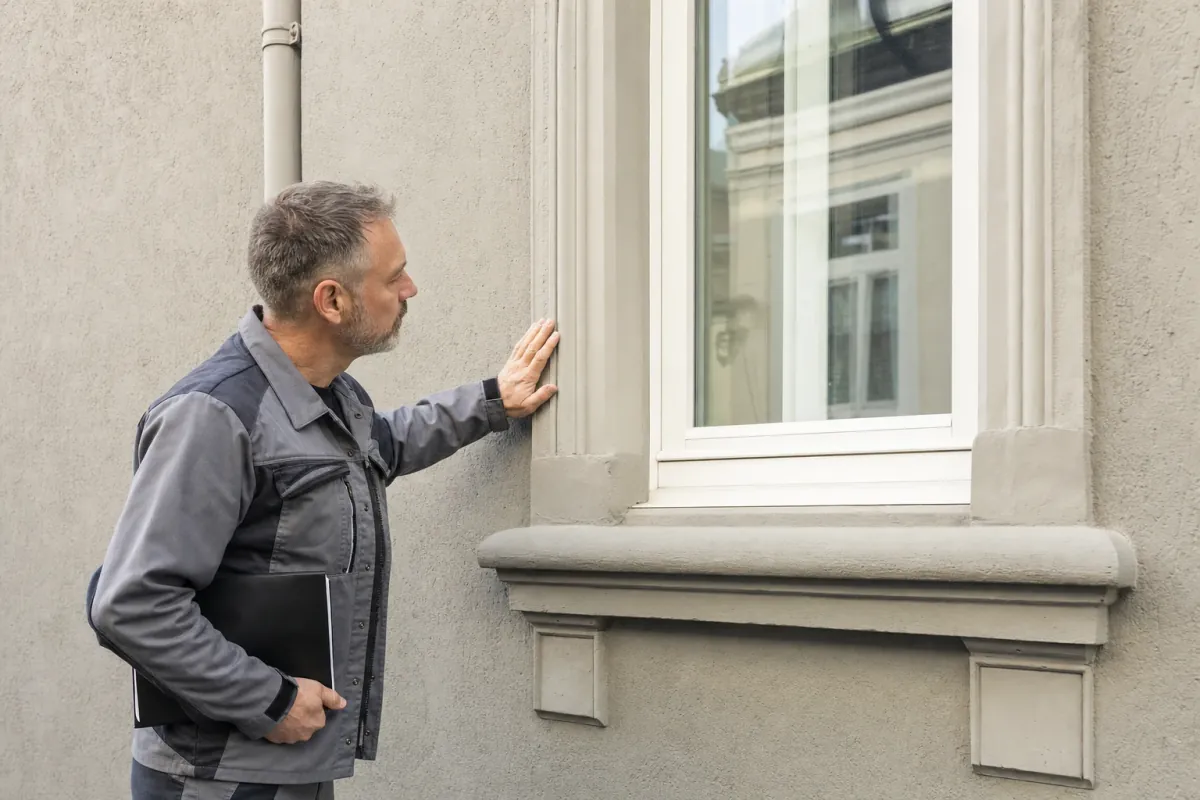 Ein Energieberater prüft von außen den Anschluss zwischen Fensterrahmen und Wand an einem für Offenbach am Main typischen Wohnhaus.