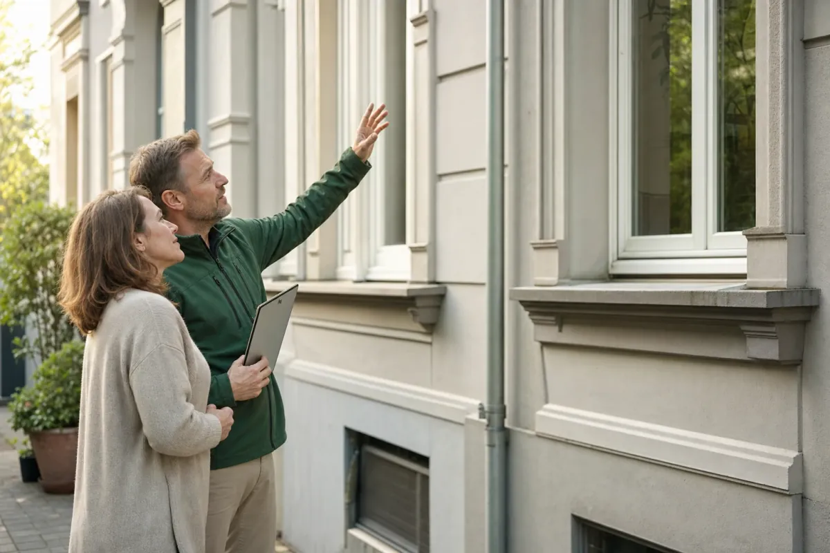Ein Energieberater und eine Eigentümerin stehen vor einem für Offenbach am Main typischen Wohnhaus und sehen zum Dachrand hinauf.
