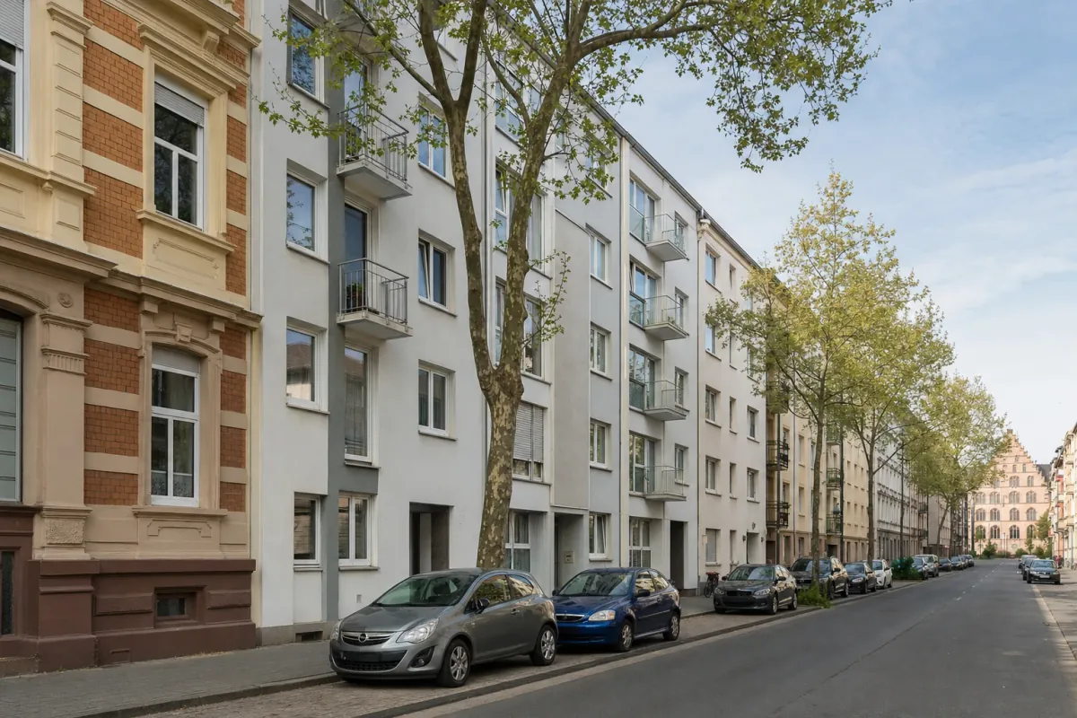 Wohnstraße in Offenbach am Main: die für die Stadt typische Bebauung, im Hintergrund über den Dächern ein Wahrzeichen der Stadt.