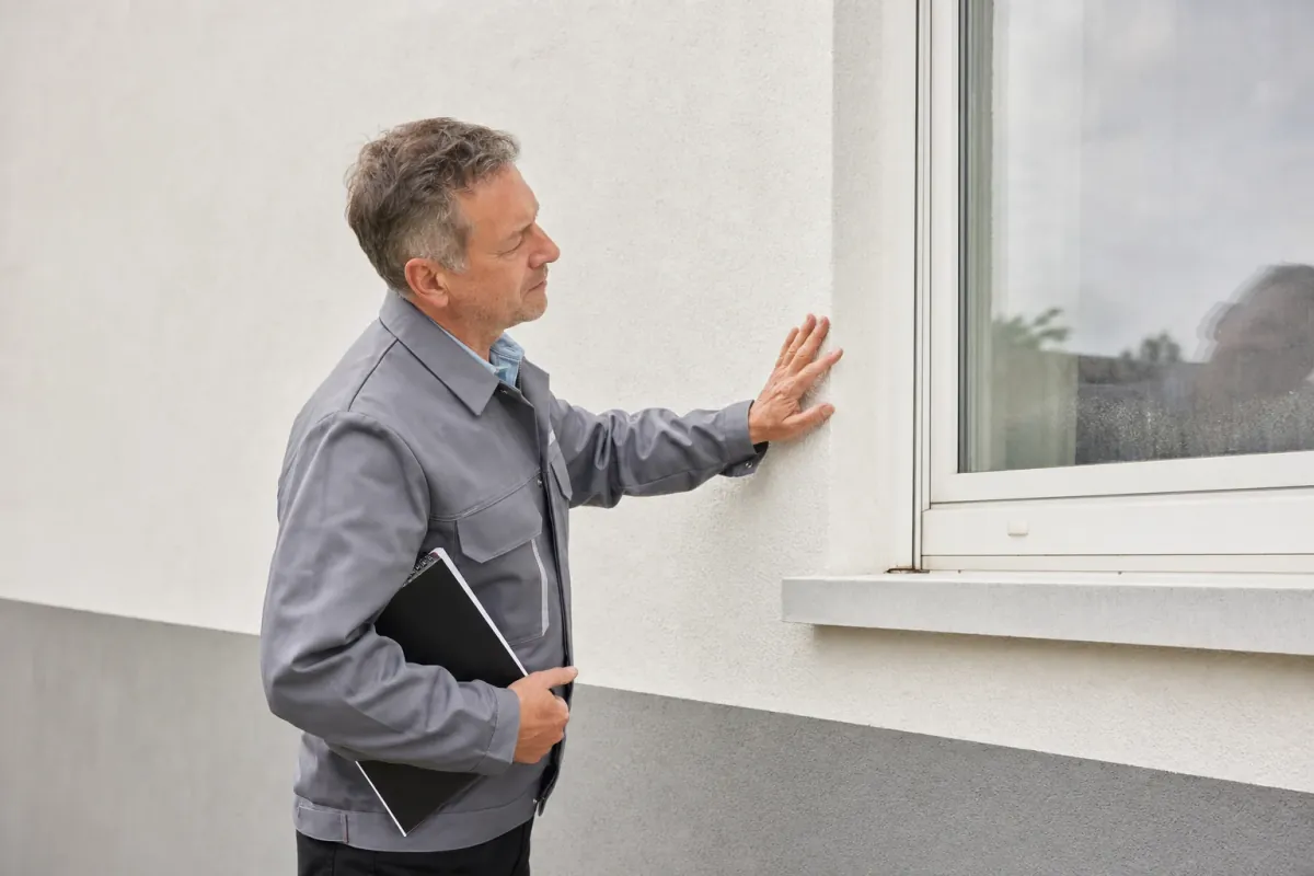 Ein Energieberater prüft von außen den Anschluss zwischen Fensterrahmen und Wand an einem für Osnabrück typischen Wohnhaus.