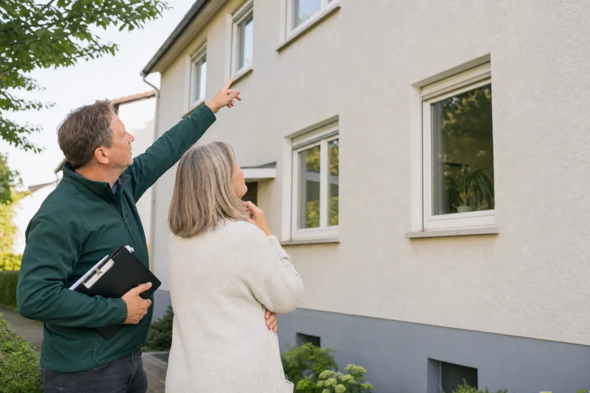 Ein Energieberater und eine Eigentümerin stehen vor einem für Osnabrück typischen Wohnhaus und sehen zum Dachrand hinauf.