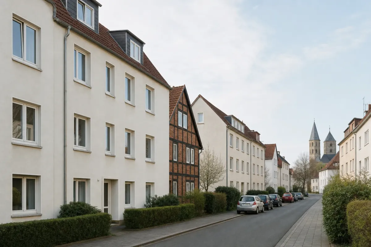 Wohnstraße in Osnabrück: die für die Stadt typische Bebauung, im Hintergrund über den Dächern ein Wahrzeichen der Stadt.