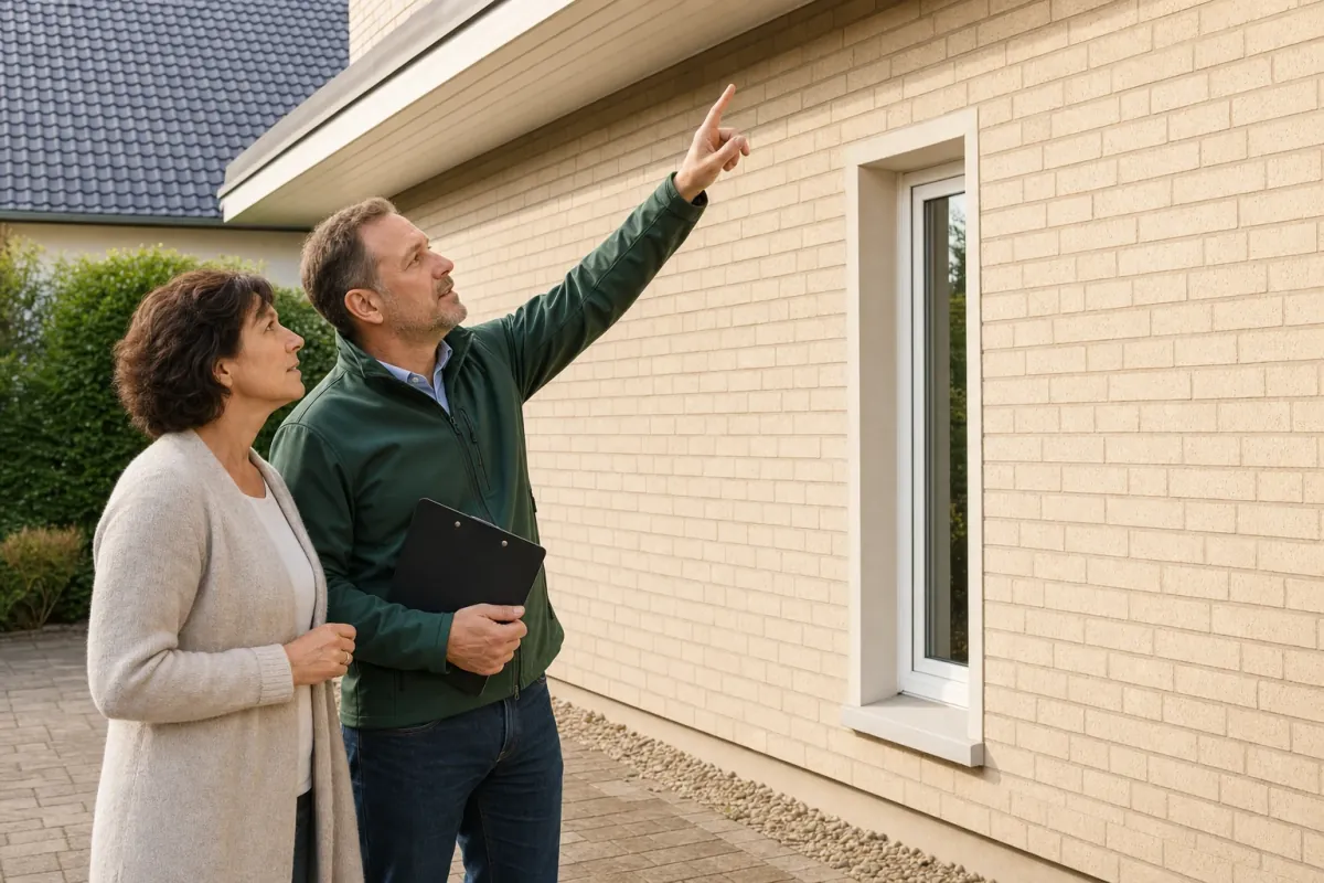 Ein Energieberater und eine Eigentümerin stehen vor einem für Paderborn typischen Wohnhaus und sehen zum Dachrand hinauf.