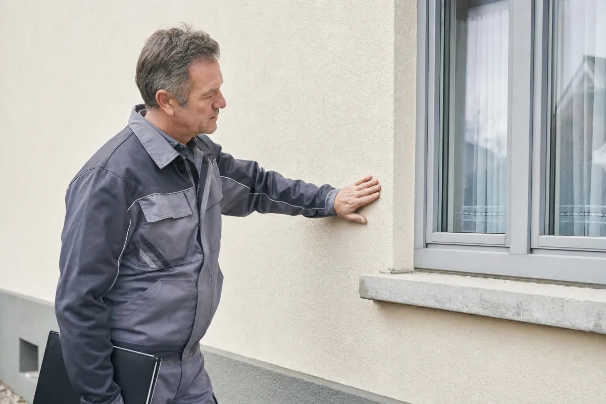 Ein Energieberater prüft von außen den Anschluss zwischen Fensterrahmen und Wand an einem für Pforzheim typischen Wohnhaus.