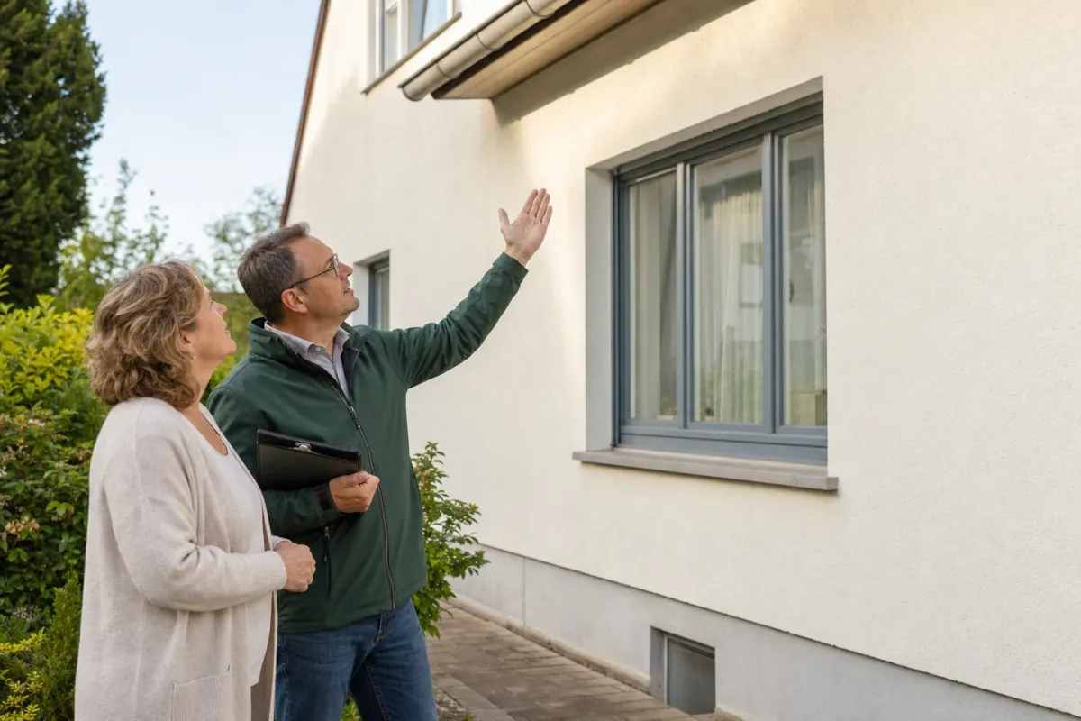 Ein Energieberater und eine Eigentümerin stehen vor einem für Pforzheim typischen Wohnhaus und sehen zum Dachrand hinauf.