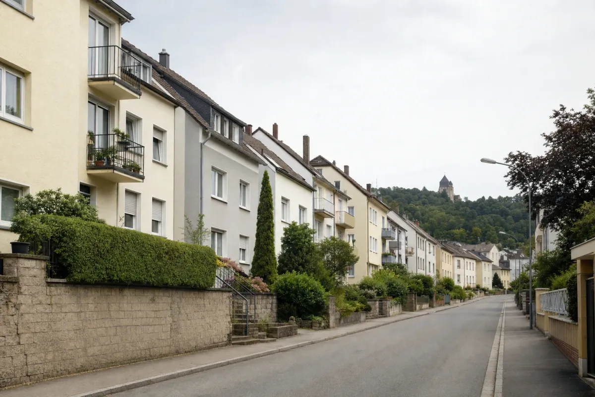 Wohnstraße in Pforzheim: die für die Stadt typische Bebauung, im Hintergrund über den Dächern ein Wahrzeichen der Stadt.