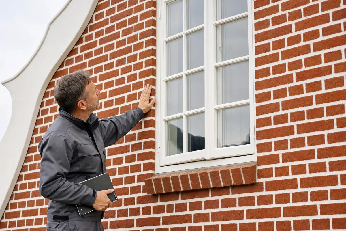 Ein Energieberater prüft von außen den Anschluss zwischen Fensterrahmen und Wand an einem für Potsdam typischen Wohnhaus.