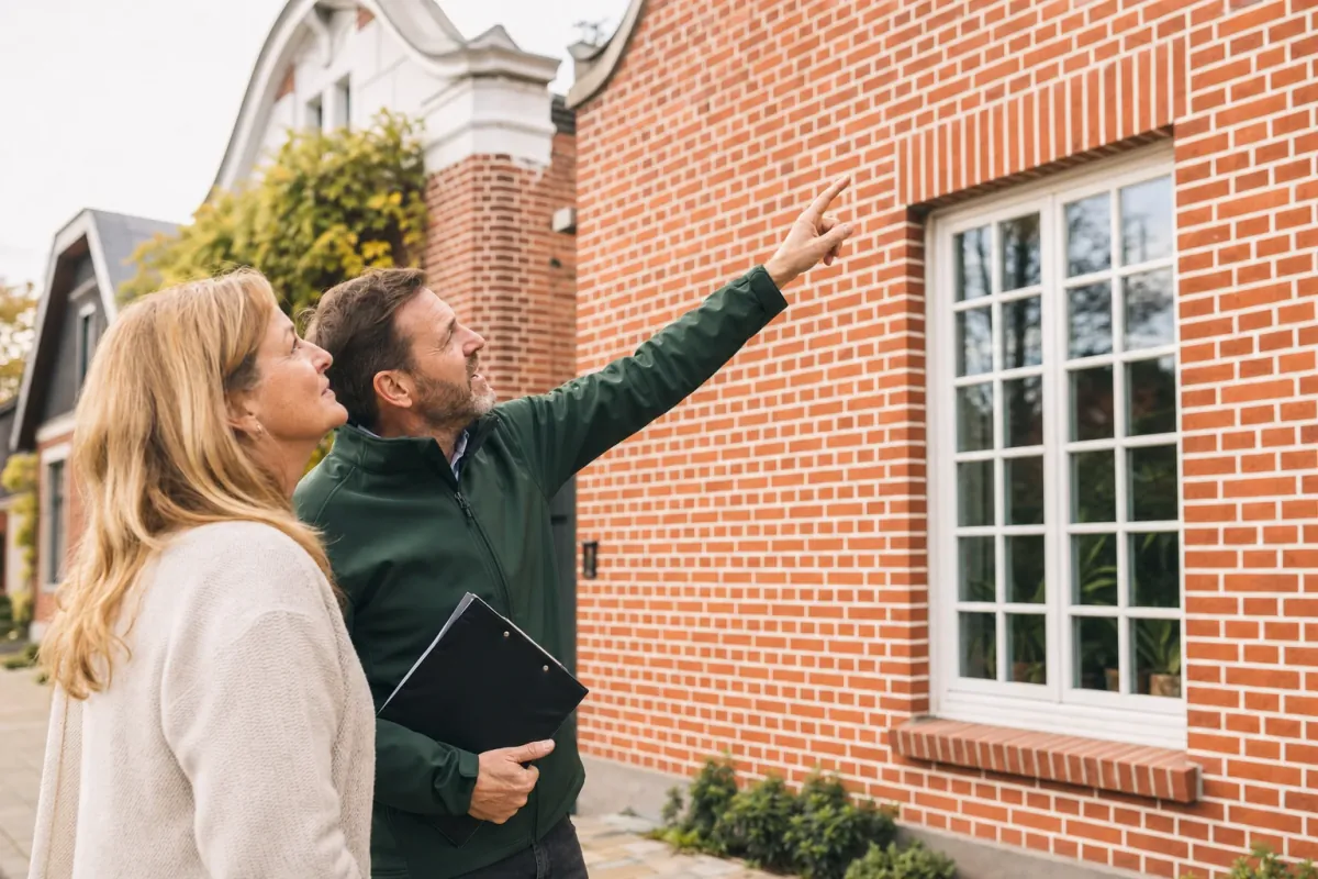 Ein Energieberater und eine Eigentümerin stehen vor einem für Potsdam typischen Wohnhaus und sehen zum Dachrand hinauf.