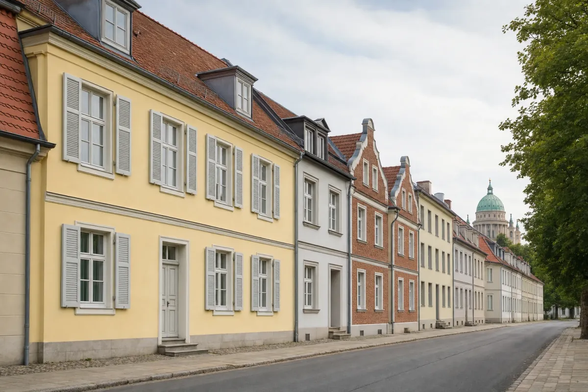 Wohnstraße in Potsdam: die für die Stadt typische Bebauung, im Hintergrund über den Dächern ein Wahrzeichen der Stadt.