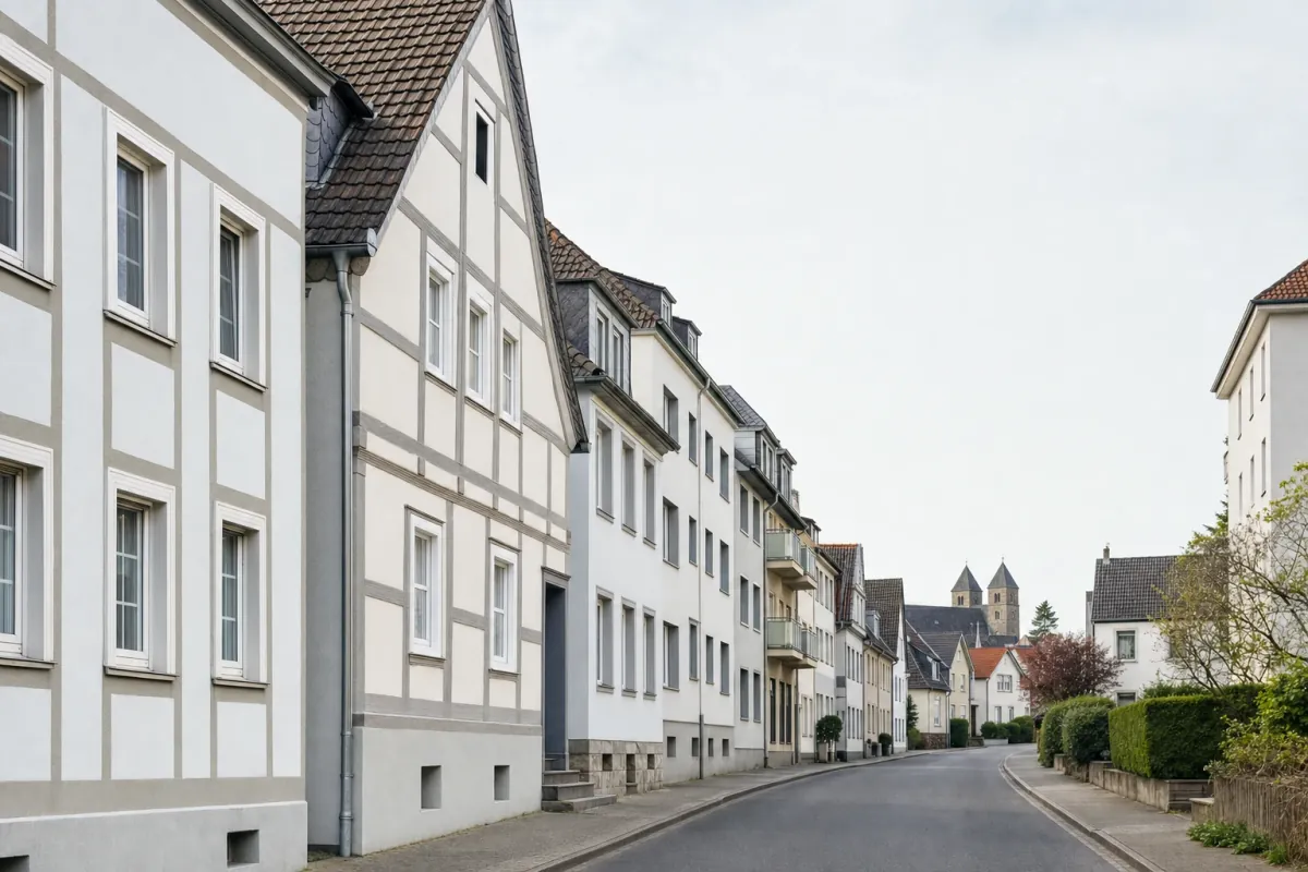 Wohnstraße in Ratingen: die für die Stadt typische Bebauung, im Hintergrund über den Dächern ein Wahrzeichen der Stadt.