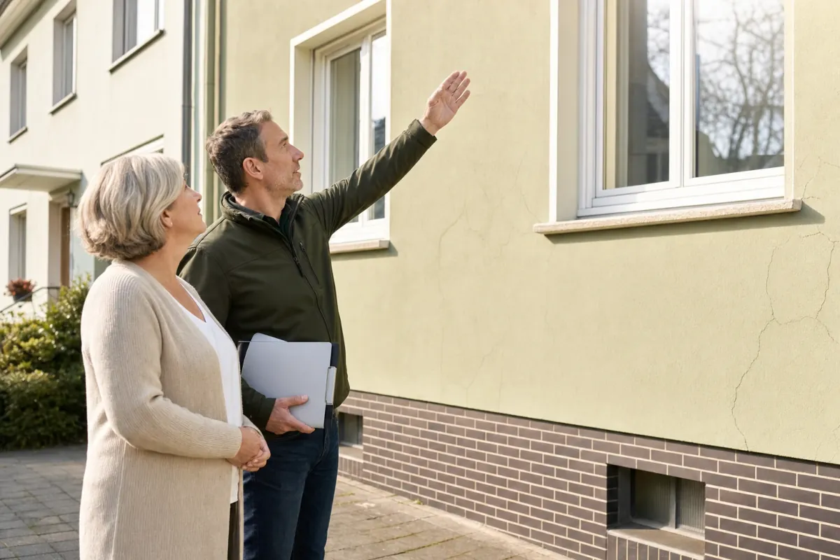 Ein Energieberater und eine Eigentümerin stehen vor einem für Recklinghausen typischen Wohnhaus und sehen zum Dachrand hinauf.
