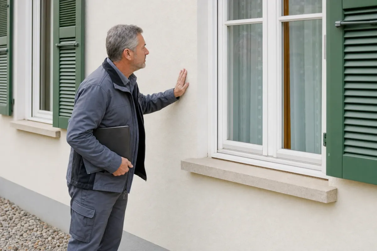 Ein Energieberater prüft von außen den Anschluss zwischen Fensterrahmen und Wand an einem für Regensburg typischen Wohnhaus.