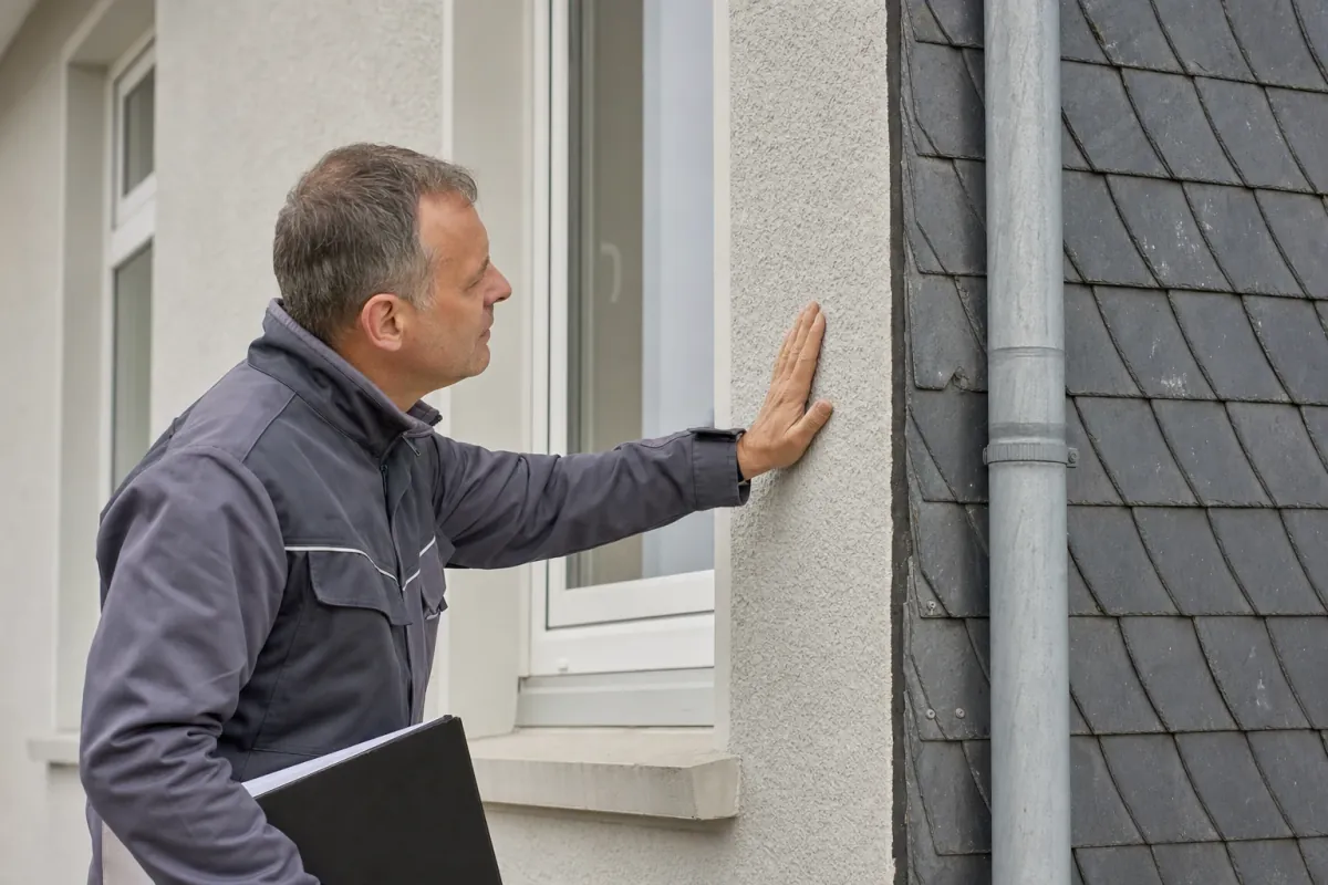 Ein Energieberater prüft von außen den Anschluss zwischen Fensterrahmen und Wand an einem für Remscheid typischen Wohnhaus.