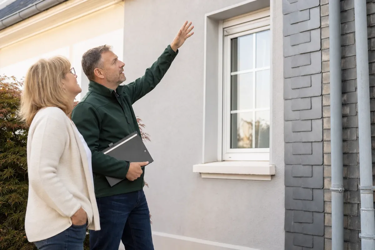 Ein Energieberater und eine Eigentümerin stehen vor einem für Remscheid typischen Wohnhaus und sehen zum Dachrand hinauf.