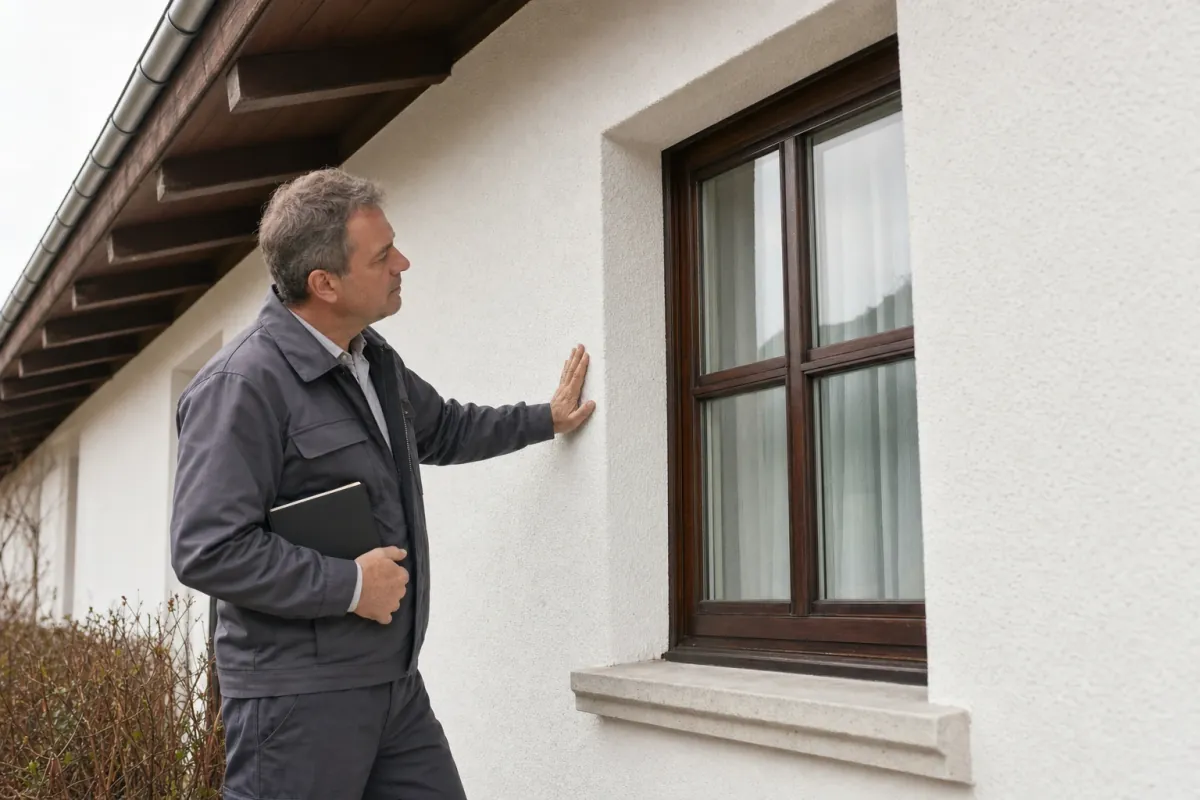 Ein Energieberater prüft von außen den Anschluss zwischen Fensterrahmen und Wand an einem für Reutlingen typischen Wohnhaus.