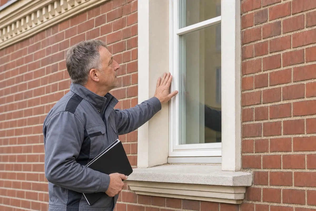 Ein Energieberater prüft von außen den Anschluss zwischen Fensterrahmen und Wand an einem für Rostock typischen Wohnhaus.