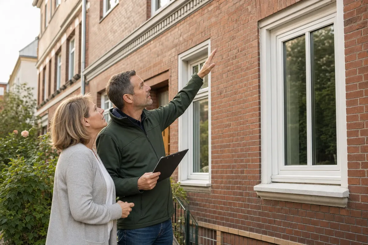 Ein Energieberater und eine Eigentümerin stehen vor einem für Rostock typischen Wohnhaus und sehen zum Dachrand hinauf.