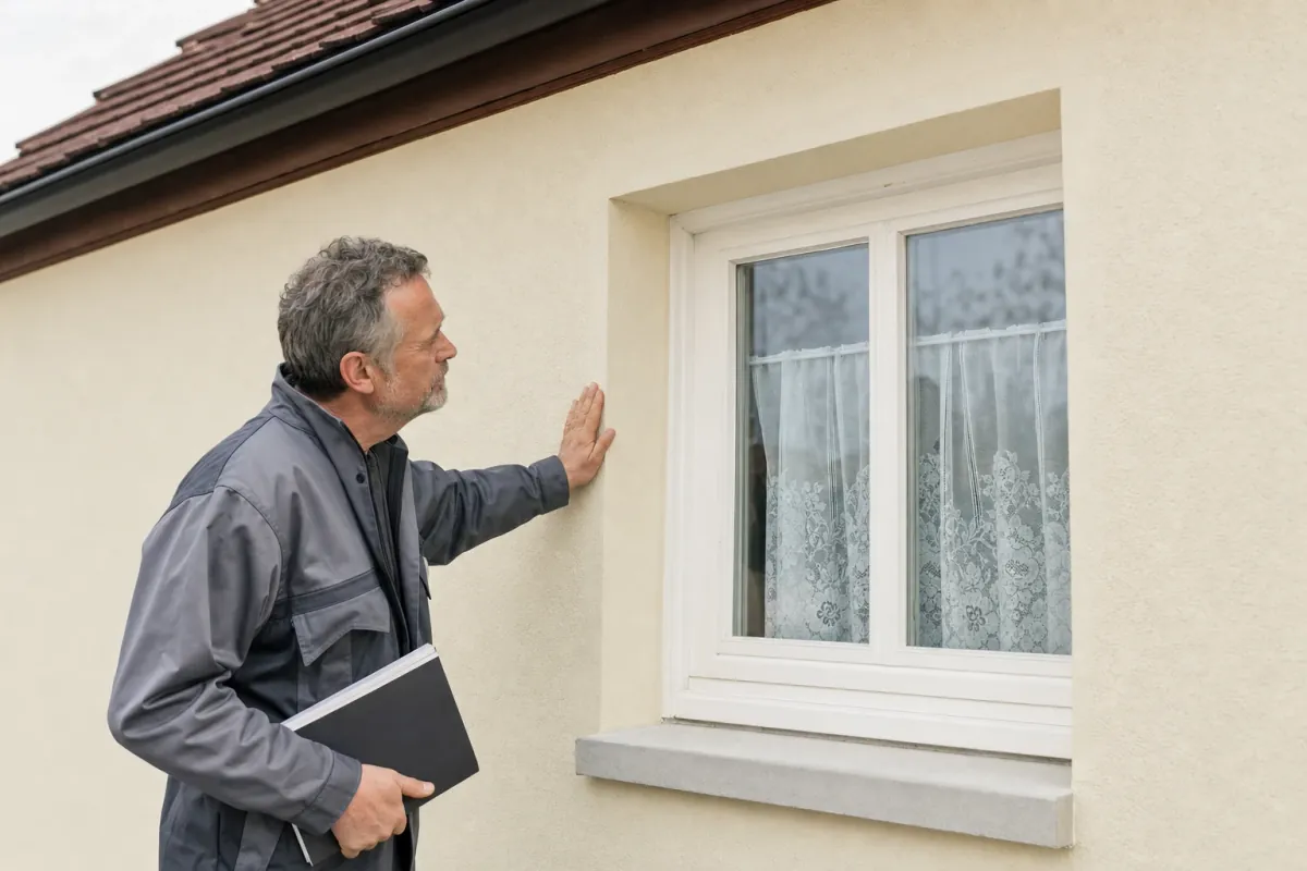 Ein Energieberater prüft von außen den Anschluss zwischen Fensterrahmen und Wand an einem für Saarbrücken typischen Wohnhaus.