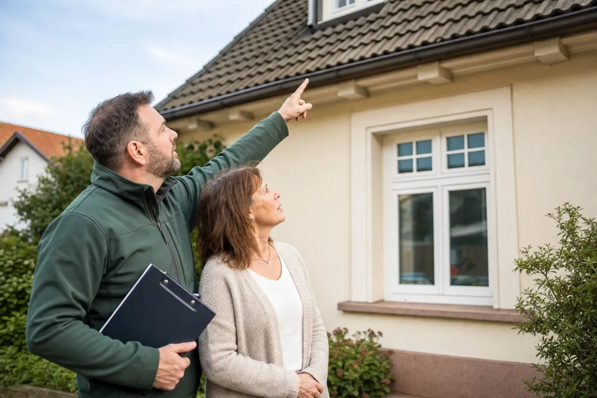 Ein Energieberater und eine Eigentümerin stehen vor einem für Saarbrücken typischen Wohnhaus und sehen zum Dachrand hinauf.