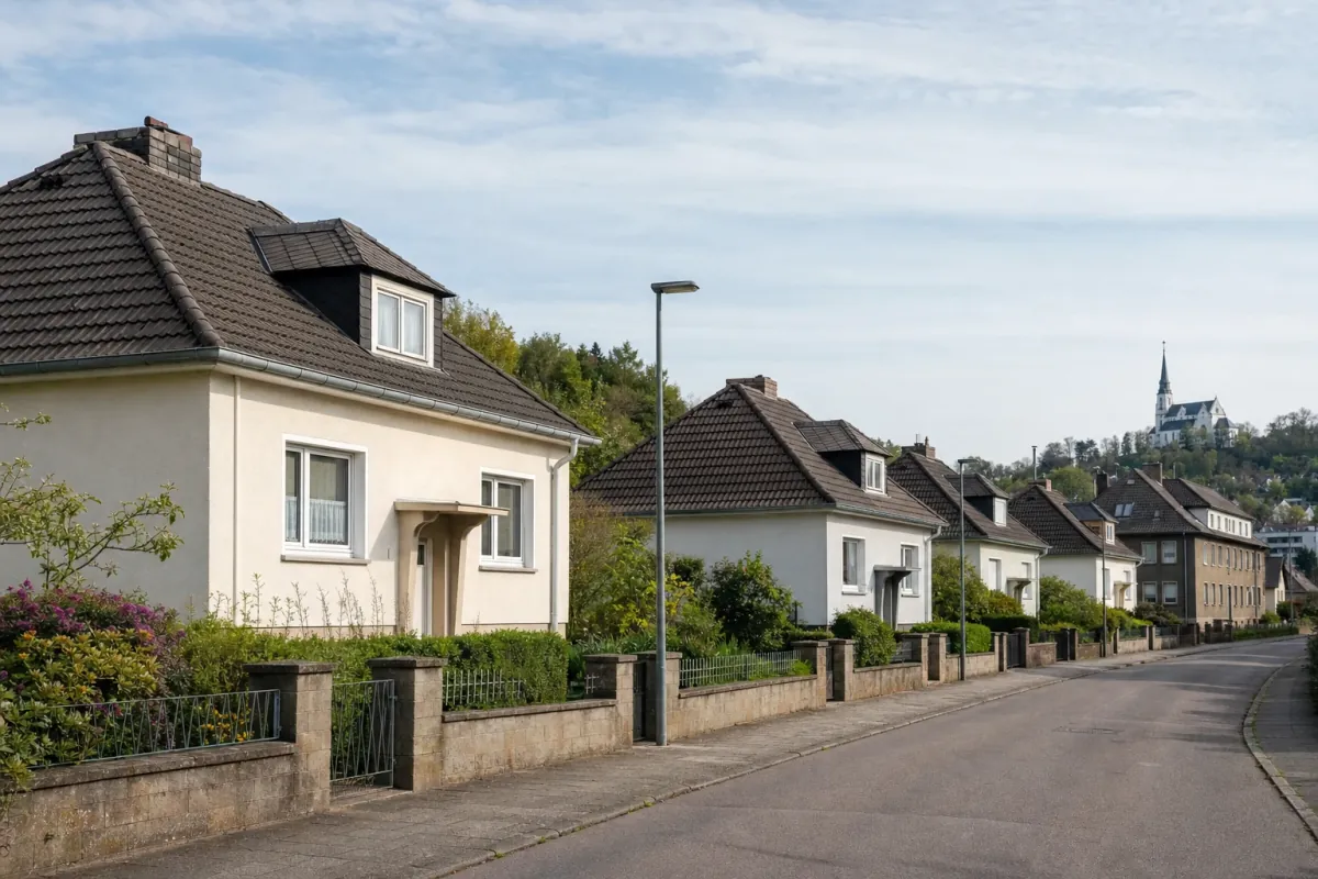 Wohnstraße in Saarbrücken: die für die Stadt typische Bebauung, im Hintergrund über den Dächern ein Wahrzeichen der Stadt.
