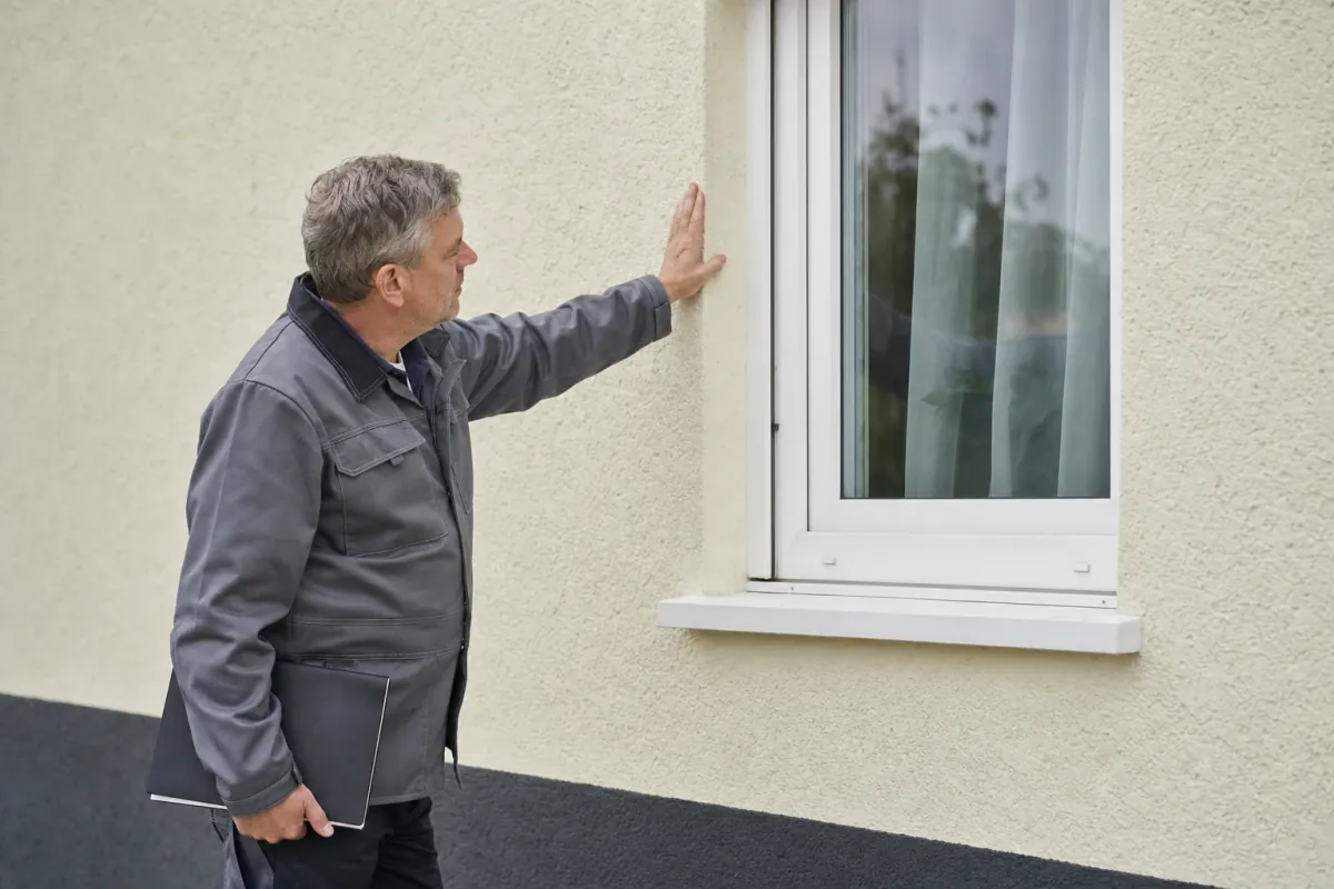 Ein Energieberater prüft von außen den Anschluss zwischen Fensterrahmen und Wand an einem für Salzgitter typischen Wohnhaus.