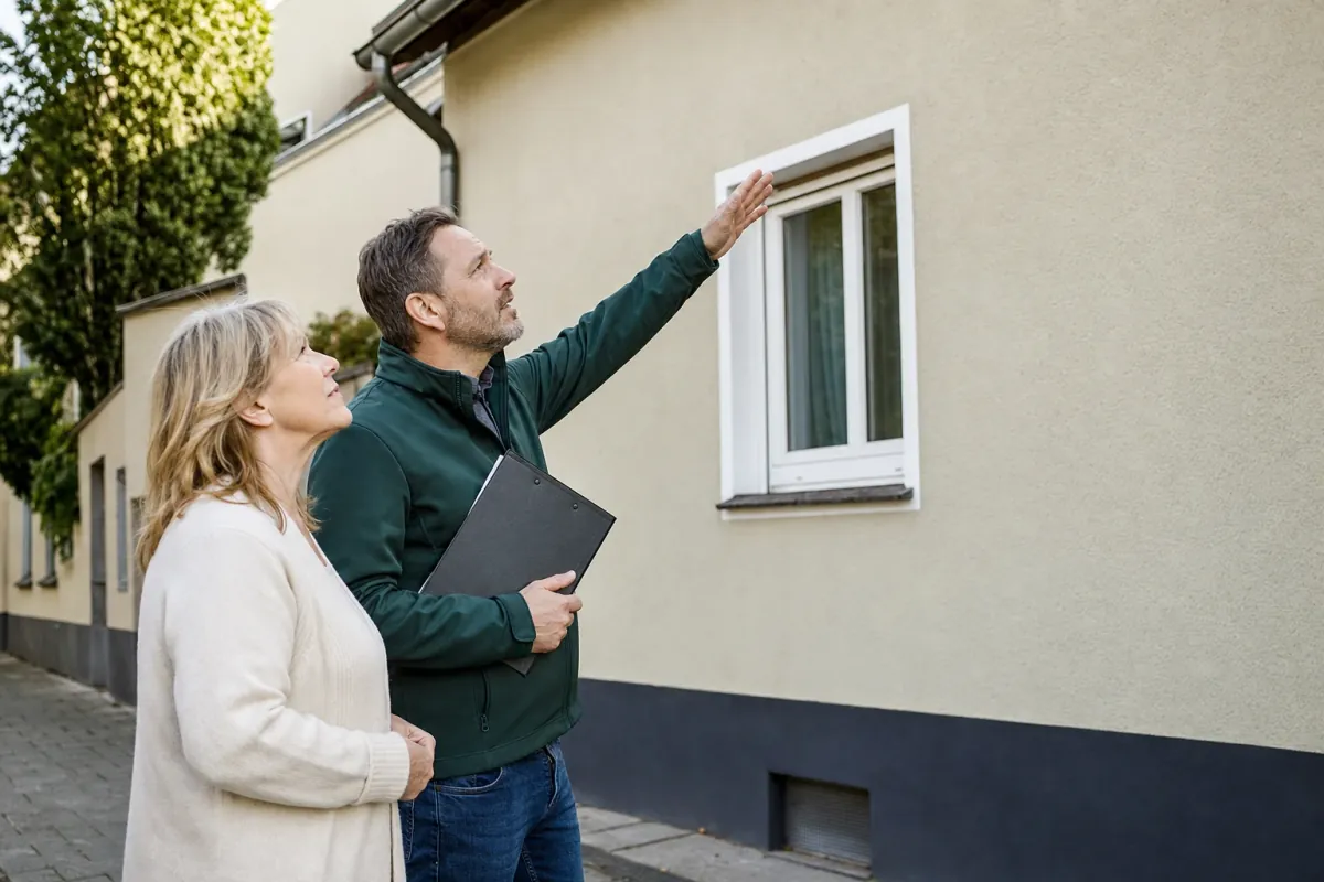 Ein Energieberater und eine Eigentümerin stehen vor einem für Salzgitter typischen Wohnhaus und sehen zum Dachrand hinauf.