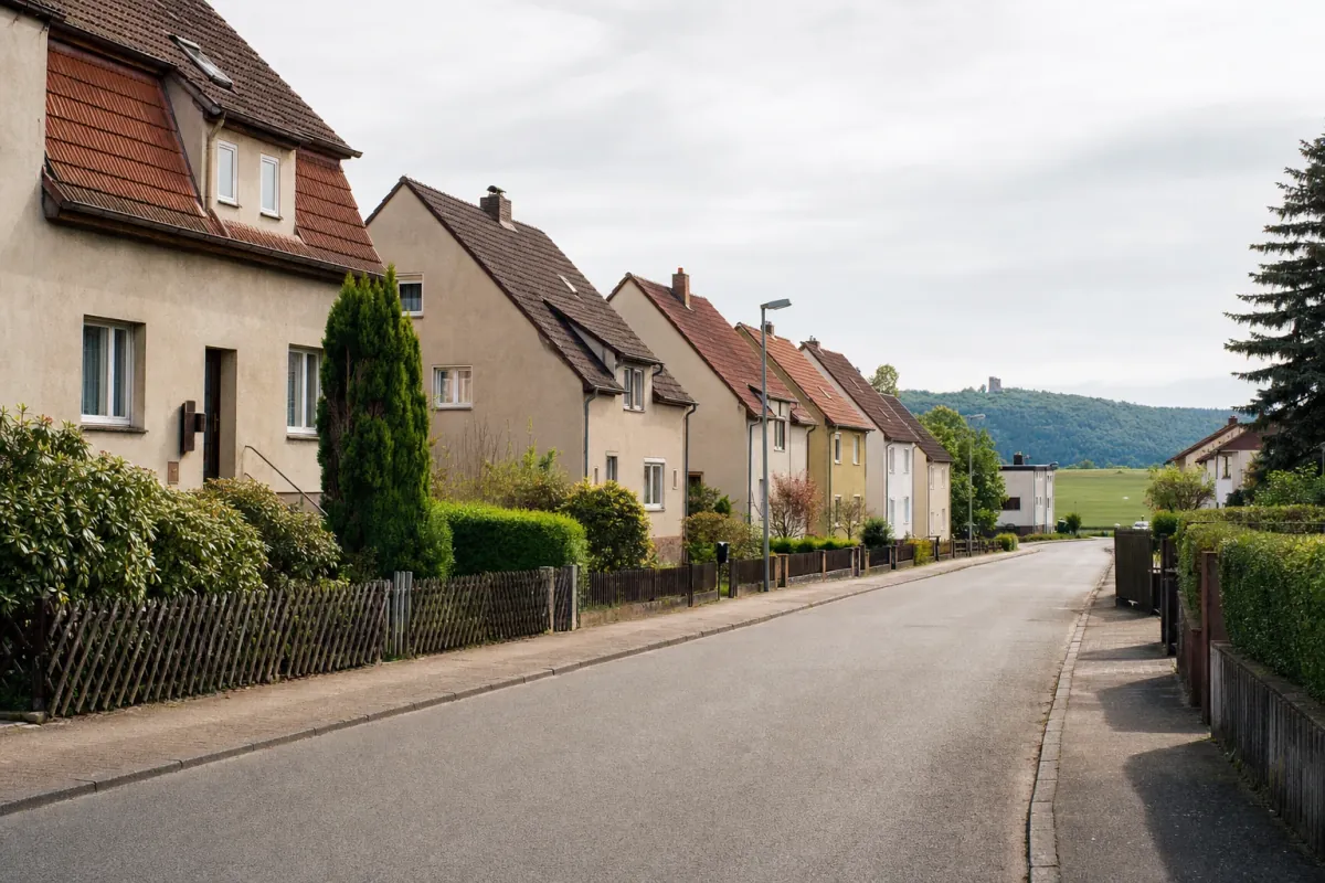 Wohnstraße in Salzgitter: die für die Stadt typische Bebauung, im Hintergrund über den Dächern ein Wahrzeichen der Stadt.