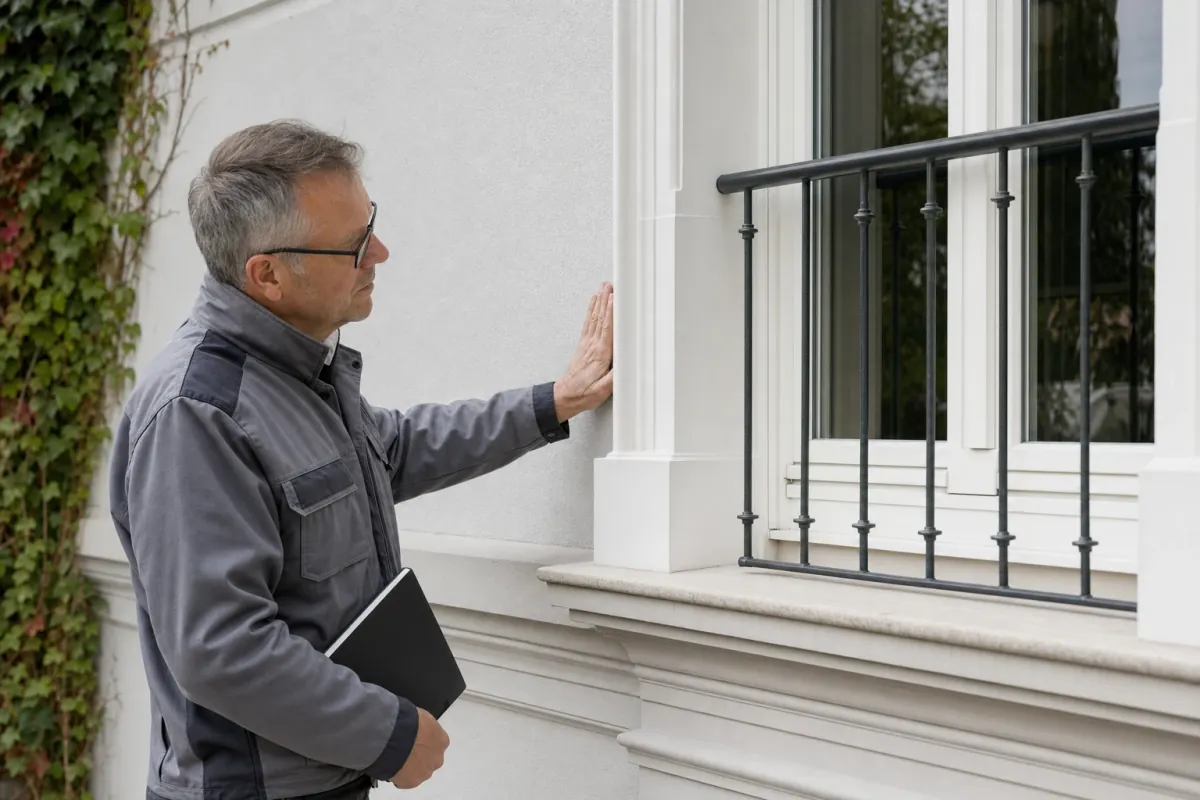 Ein Energieberater prüft von außen den Anschluss zwischen Fensterrahmen und Wand an einem für Schwerin typischen Wohnhaus.
