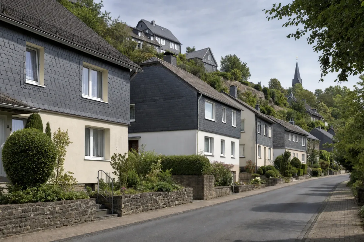 Wohnstraße in Siegen: die für die Stadt typische Bebauung, im Hintergrund über den Dächern ein Wahrzeichen der Stadt.