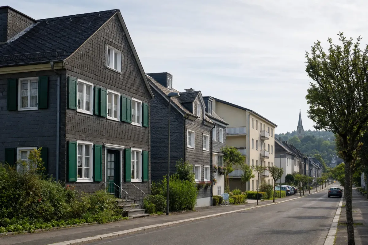 Wohnstraße in Solingen: die für die Stadt typische Bebauung, im Hintergrund über den Dächern ein Wahrzeichen der Stadt.