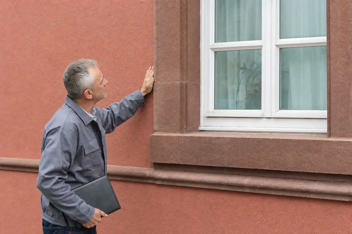 Ein Energieberater prüft von außen den Anschluss zwischen Fensterrahmen und Wand an einem für Trier typischen Wohnhaus.