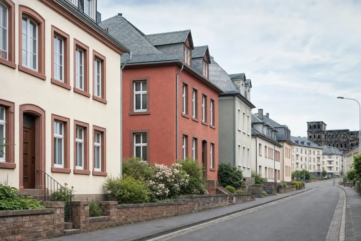 Wohnstraße in Trier: die für die Stadt typische Bebauung, im Hintergrund über den Dächern ein Wahrzeichen der Stadt.