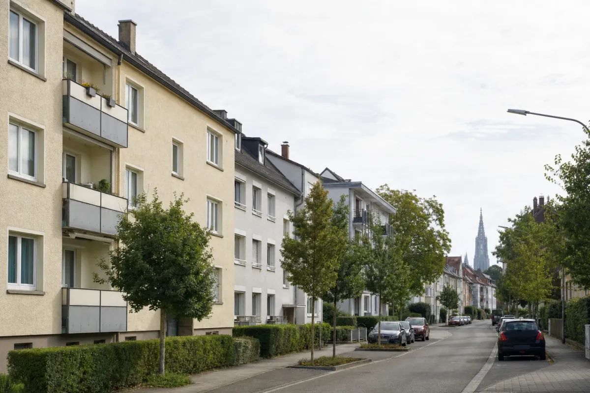 Wohnstraße in Ulm: die für die Stadt typische Bebauung, im Hintergrund über den Dächern ein Wahrzeichen der Stadt.