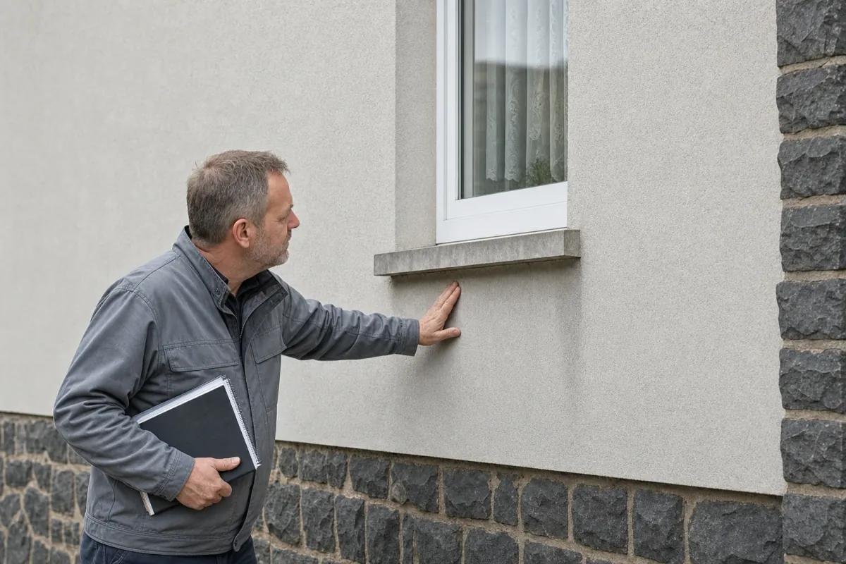 Ein Energieberater prüft von außen den Anschluss zwischen Fensterrahmen und Wand an einem für Velbert typischen Wohnhaus.