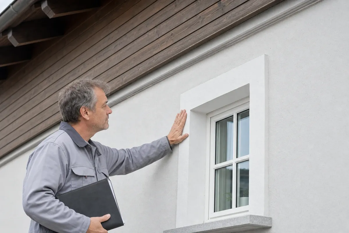 Ein Energieberater prüft von außen den Anschluss zwischen Fensterrahmen und Wand an einem für Villingen-Schwenningen typischen Wohnhaus.