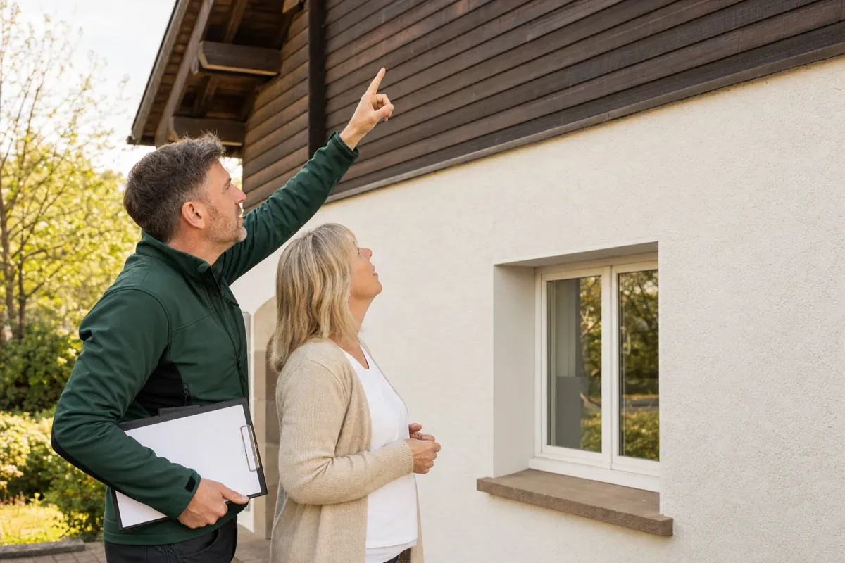 Ein Energieberater und eine Eigentümerin stehen vor einem für Villingen-Schwenningen typischen Wohnhaus und sehen zum Dachrand hinauf.