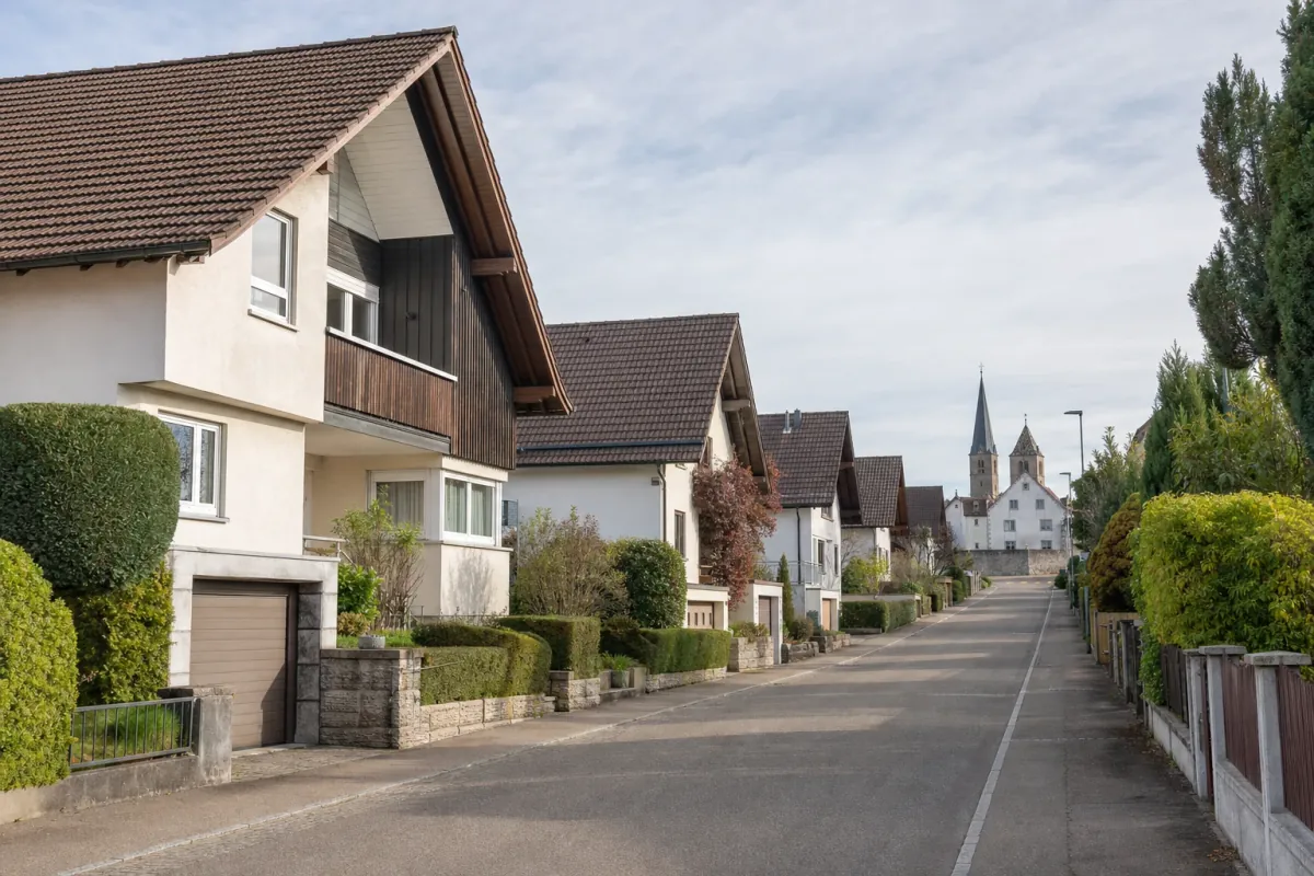 Wohnstraße in Villingen-Schwenningen: die für die Stadt typische Bebauung, im Hintergrund über den Dächern ein Wahrzeichen der Stadt.