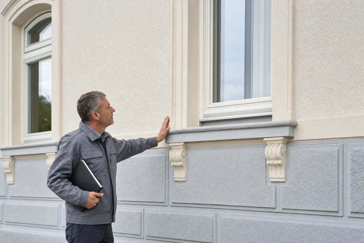 Ein Energieberater prüft von außen den Anschluss zwischen Fensterrahmen und Wand an einem für Wiesbaden typischen Wohnhaus.