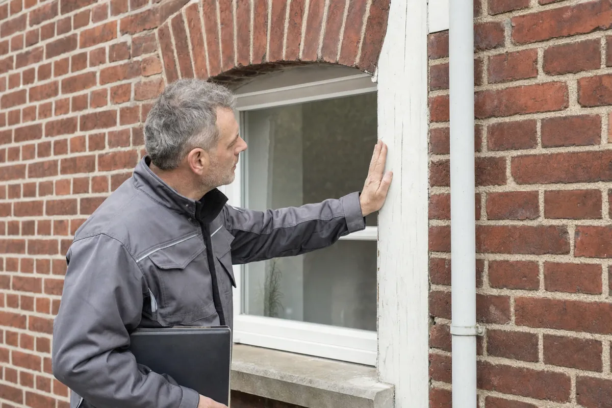 Ein Energieberater prüft von außen den Anschluss zwischen Fensterrahmen und Wand an einem für Witten typischen Wohnhaus.