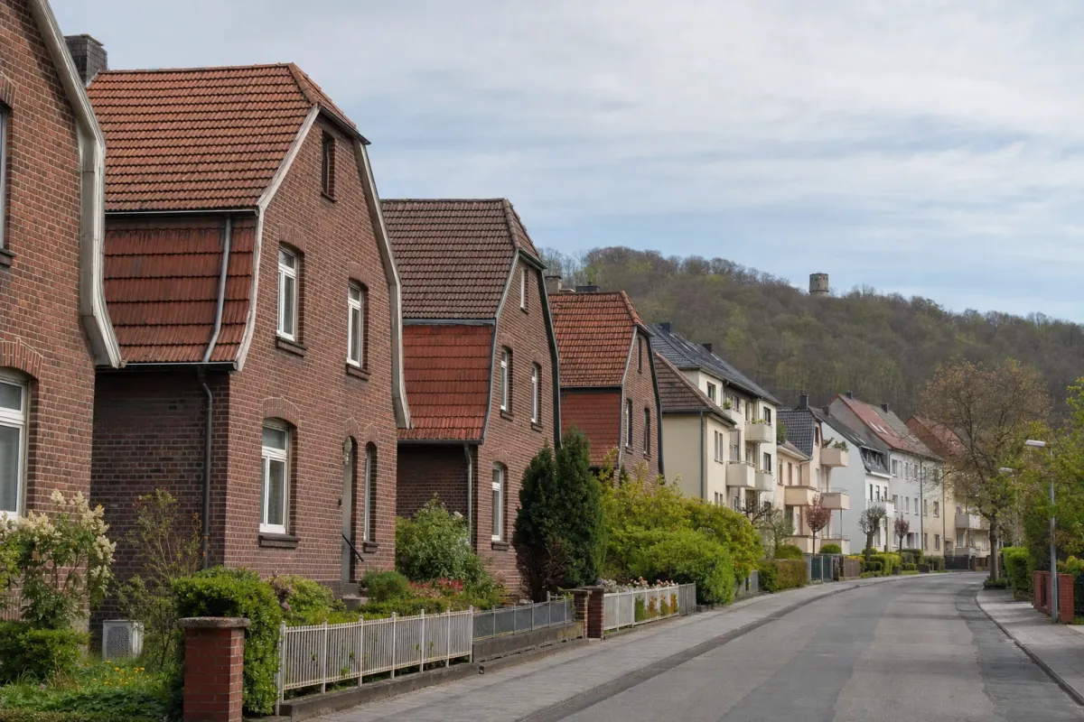 Wohnstraße in Witten: die für die Stadt typische Bebauung, im Hintergrund über den Dächern ein Wahrzeichen der Stadt.