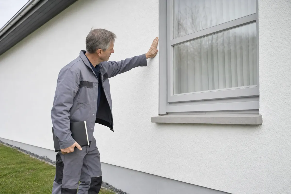 Ein Energieberater prüft von außen den Anschluss zwischen Fensterrahmen und Wand an einem für Wolfsburg typischen Wohnhaus.