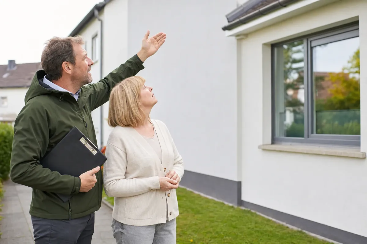 Ein Energieberater und eine Eigentümerin stehen vor einem für Wolfsburg typischen Wohnhaus und sehen zum Dachrand hinauf.